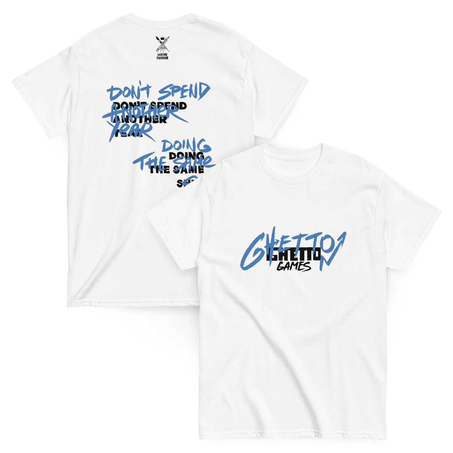 White T-Shirt With Blue “GHETTO GAMES” Design